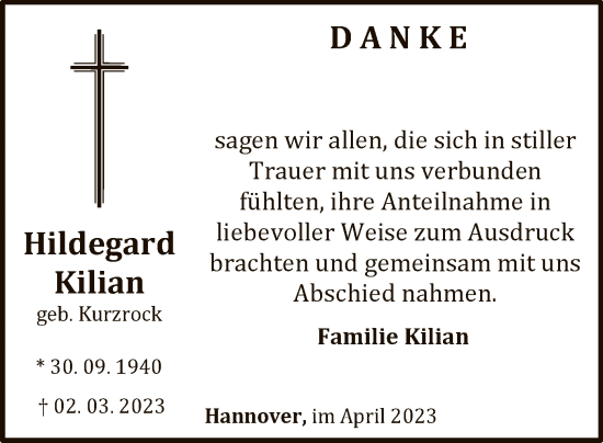 Traueranzeige von Hildegard Kilian von WLZ