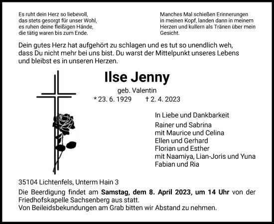 Traueranzeige von Ilse Jenny von HNA