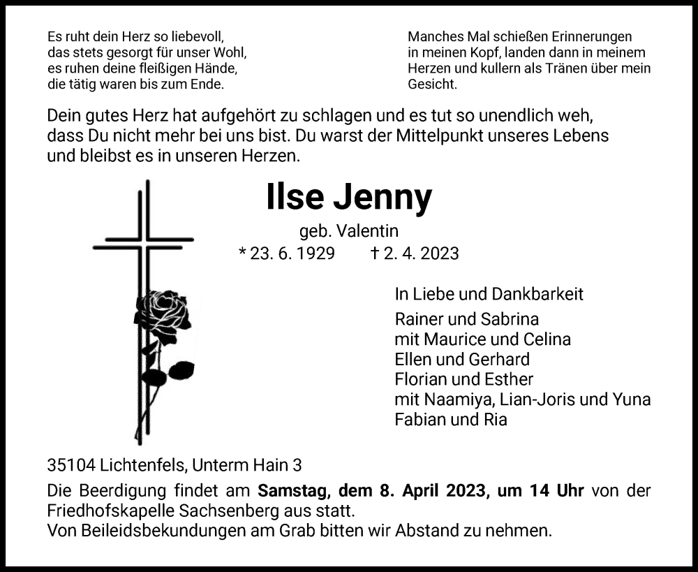  Traueranzeige für Ilse Jenny vom 05.04.2023 aus HNA