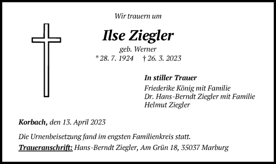 Traueranzeige von Ilse Ziegler von WLZ