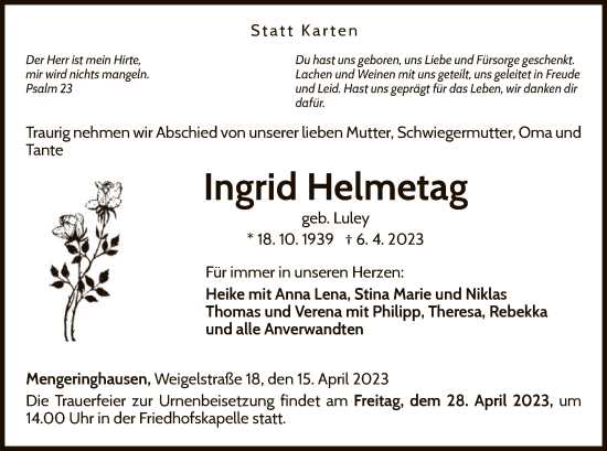 Traueranzeige von Ingrid Helmetag von WLZ