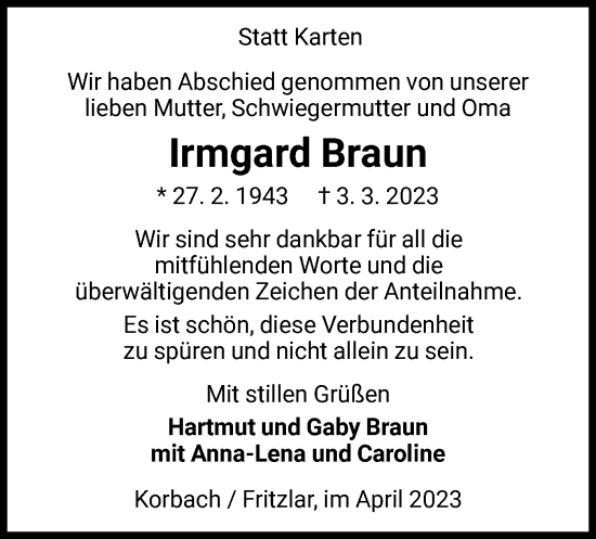 Traueranzeige von Irmgard Braun von WLZ