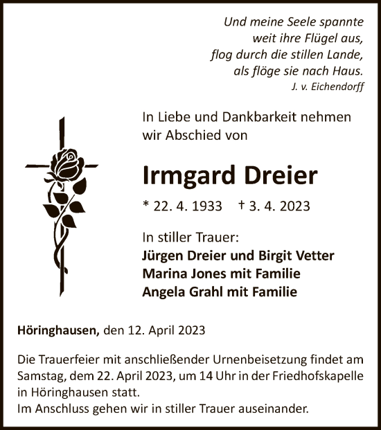 Traueranzeige von Irmgard Dreier von WLZ