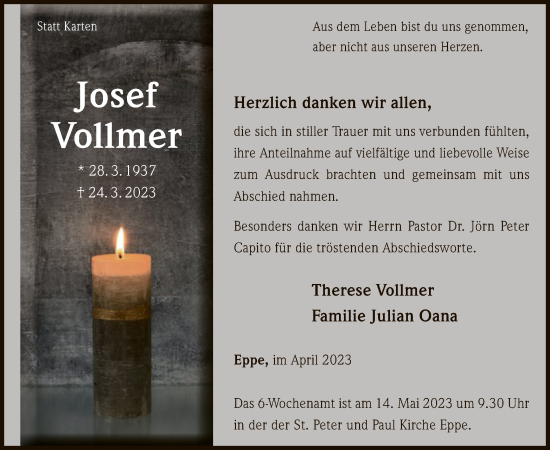 Traueranzeige von Josef Vollmer von WLZ