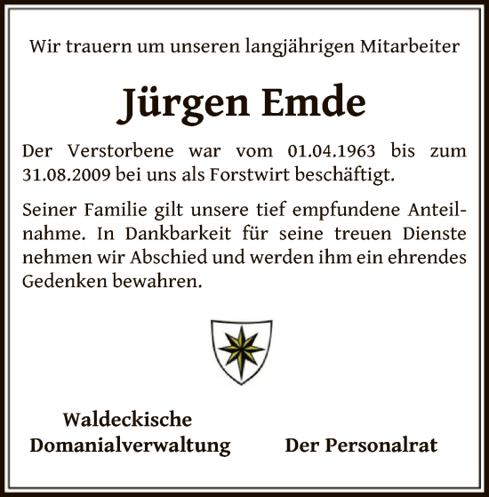 Traueranzeige von Jürgen Emde von WLZ