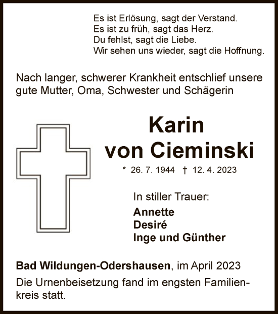 Traueranzeige von Karin von Cieminski von WLZ