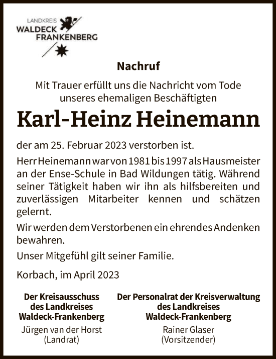 Traueranzeige von Karl-Heinz Heinemann von WLZ