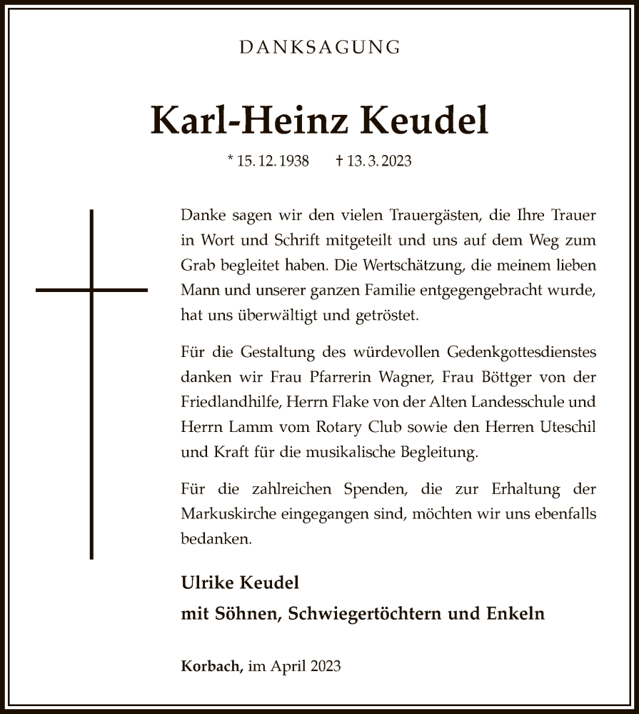  Traueranzeige für Karl-Heinz Keudel vom 22.04.2023 aus WLZ