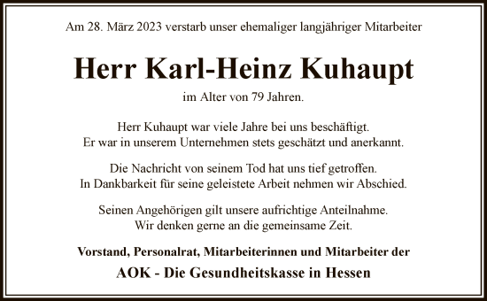 Traueranzeige von Karl-Heinz Kuhaupt von WLZ