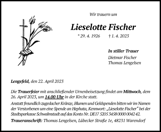 Traueranzeige von Lieselotte Fischer von WLZ