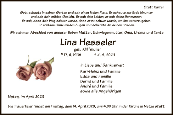 Traueranzeige von Lina Hesseler von WLZ