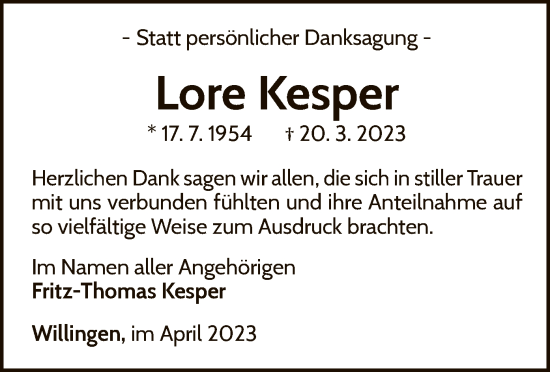 Traueranzeige von Lore Kesper von WLZ