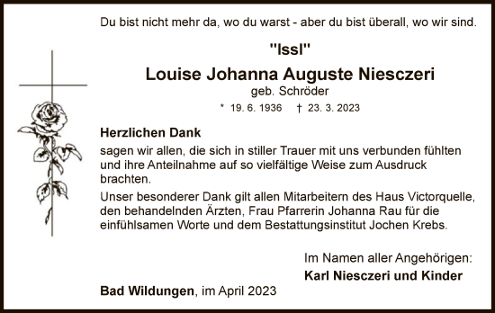 Traueranzeige von Louise Johanna Auguste  Niesczeri von WLZ