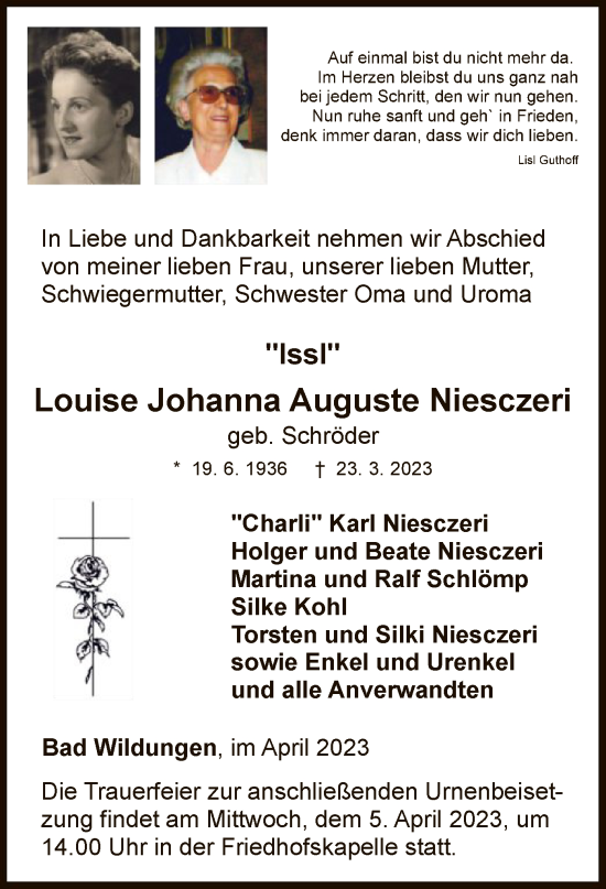 Traueranzeige von Louise Johanna Auguste  Niesczeri von WLZ