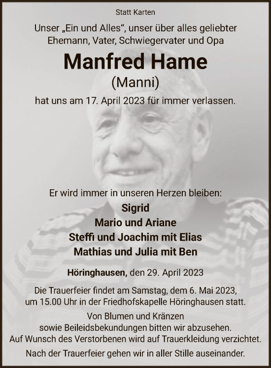 Traueranzeige von Manfred Hame von WLZ