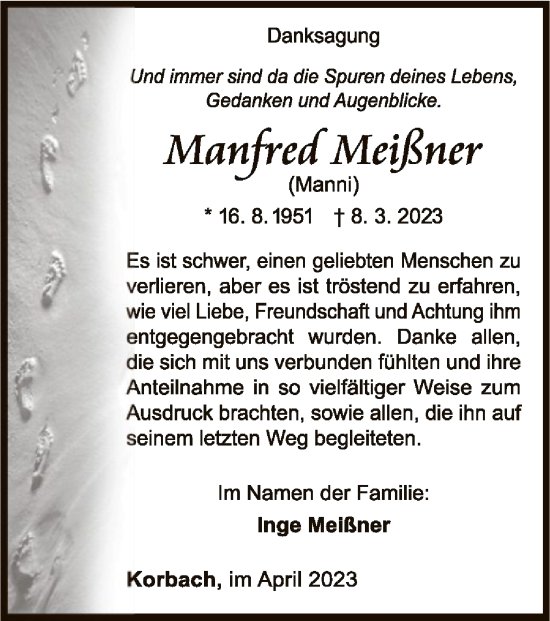 Traueranzeige von Manfred Meißner von WLZ