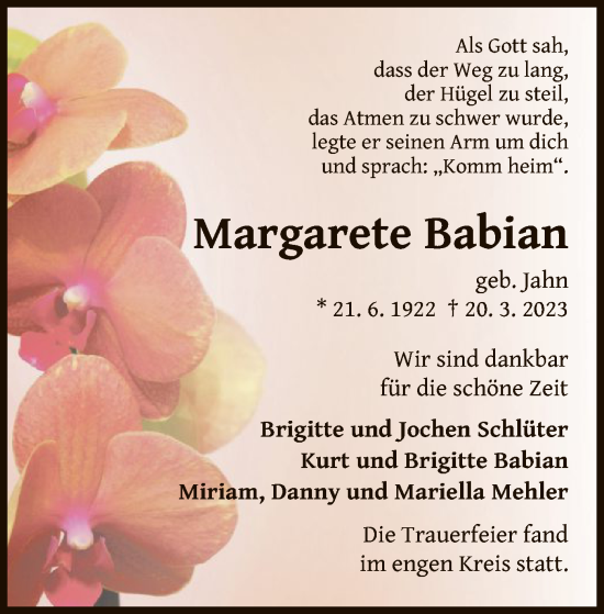 Traueranzeige von Margarete Babian von WLZ