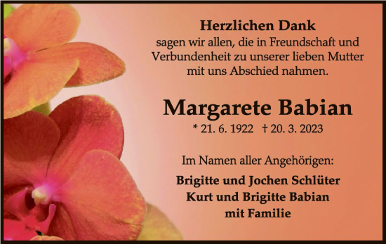 Traueranzeige von Margarete Babian von WLZ