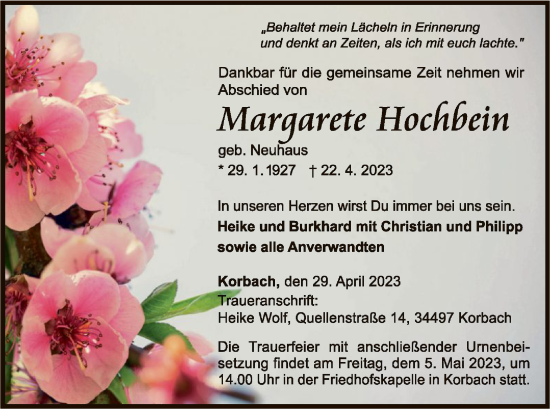 Traueranzeige von Margarete Hochbein von WLZ