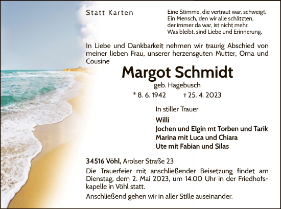 Traueranzeige von Margot Schmidt von WLZ