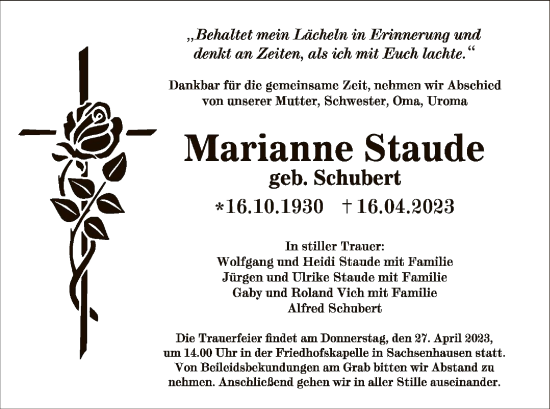 Traueranzeige von Marianne Staude von WLZ
