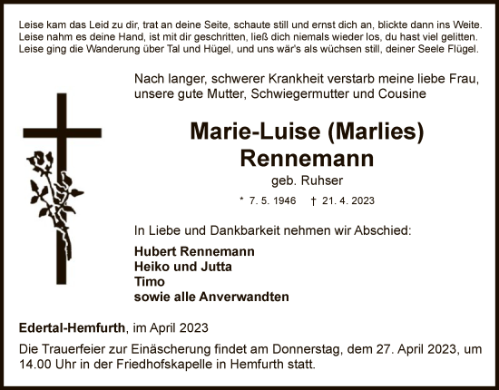 Traueranzeige von Marie-Luise Rennemann von WLZ