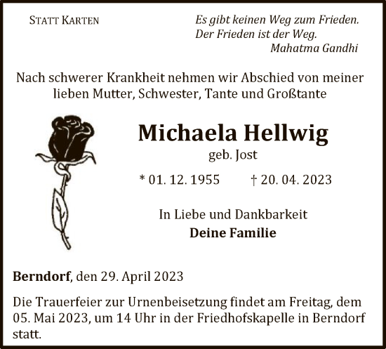 Traueranzeige von Michaela Hellwig von WLZ