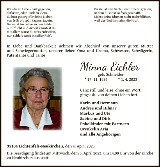 Traueranzeige von Minna Eichler von WLZ