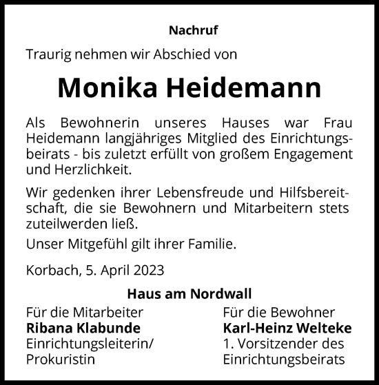 Traueranzeige von Monika Heidemann von WLZ