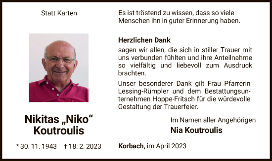 Traueranzeige von Nikitas Koutroulis von WLZ