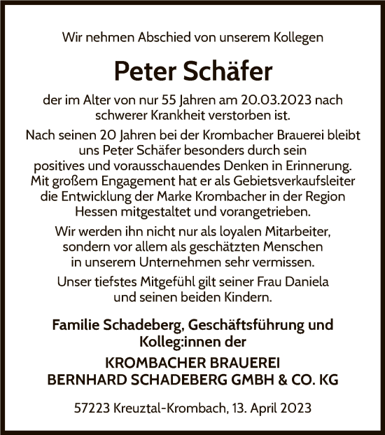 Traueranzeige von Peter Schäfer von WLZ