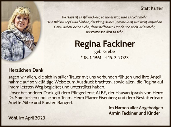 Traueranzeige von Regina Fackiner von WLZ