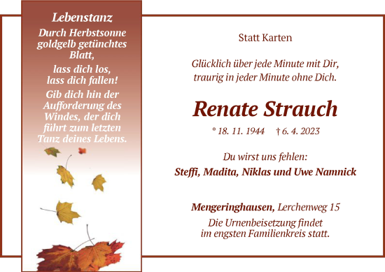 Traueranzeige von Renate Strauch von WLZ