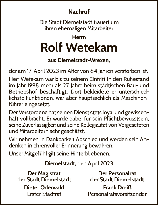 Traueranzeige von Rolf Wetekam von WLZ