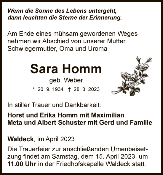 Traueranzeige von Sara Homm von WLZ