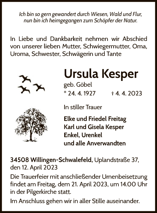 Traueranzeige von Ursula Kesper von WLZ