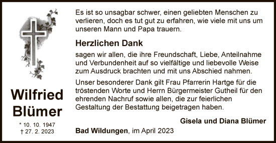 Traueranzeige von Wilfried Blümer von WLZ