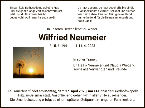 Traueranzeige von Wilfried Neumeier von HNA