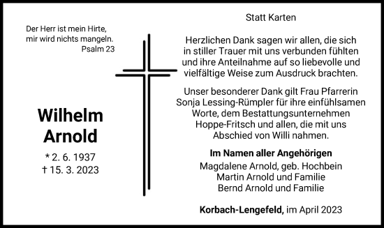 Traueranzeige von Wilhelm Arnold von WLZ