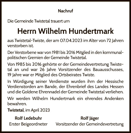 Traueranzeige von Wilhelm Hundertmark von WLZ