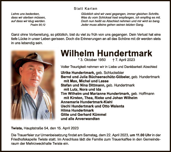 Traueranzeige von Wilhelm Hundertmark von WLZ