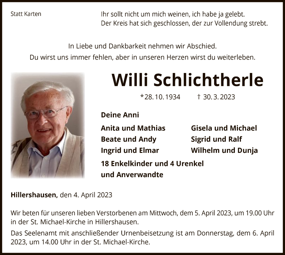  Traueranzeige für Willi Schlichtherle vom 04.04.2023 aus WLZ