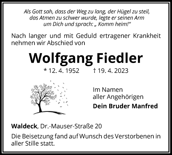 Traueranzeige von Wolfgang Fiedler von WLZ