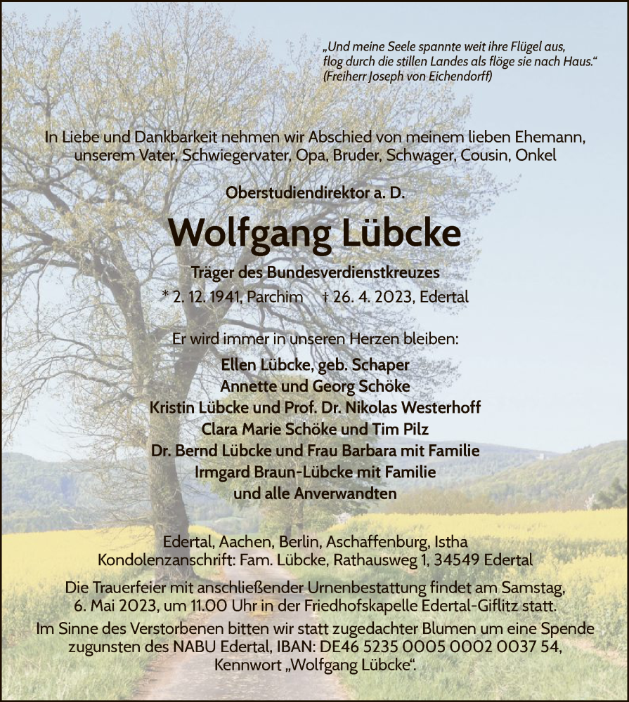  Traueranzeige für Wolfgang Lübcke vom 29.04.2023 aus WLZ