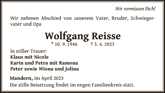 Traueranzeige von Wolfgang Reisse von WLZ