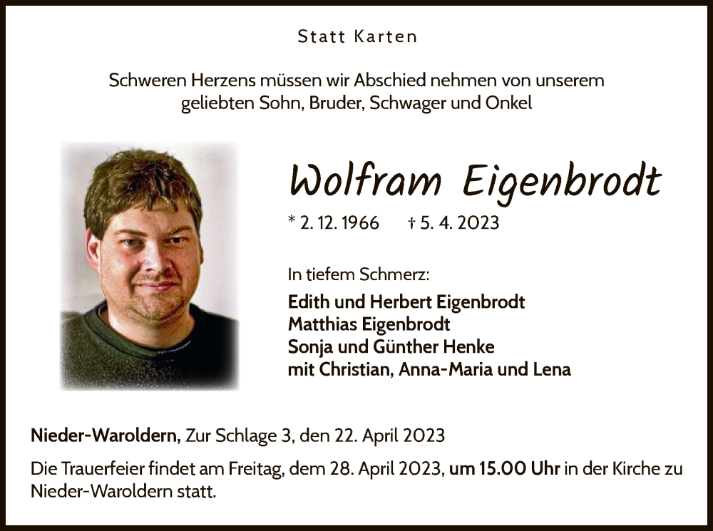  Traueranzeige für Wolfram Eigenbrodt vom 22.04.2023 aus WLZ