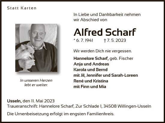 Traueranzeige von Alfred Scharf von WLZ