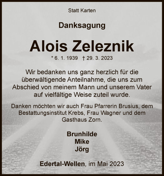 Traueranzeige von Alois Zeleznik von WLZ