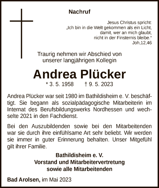 Traueranzeige von Andrea Plücker von WLZ