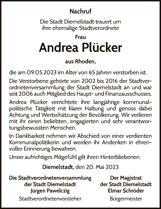 Traueranzeige von Andrea Plücker von WLZ